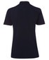 A navy blue ladies' polo shirt with short sleeves and a collar, featuring a logo on the back.
