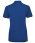 A blue polo shirt featuring a collar and short sleeves, with a logo on the back.