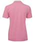 A pink polo shirt with a classic collar and short sleeves, featuring a logo on the back.