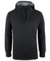 A black sports hoodie with a grey interior, featuring a hood and side pockets. It has a logo on it.