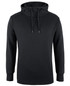 A black hoodie featuring a drawstring hood and a minimalist design, with a logo on the front.
