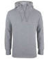 A grey sports hoodie featuring a hood and drawstrings, with long sleeves and side slits. It has a logo.