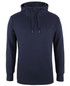 A navy blue hoodie featuring a drawstring hood and long sleeves, with a logo displayed on the garment.