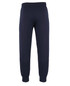 Track pants in navy blue with an elastic waistband and cuffs, featuring a branding logo.