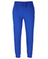Bright blue track pants featuring an elastic waistband and cuffs, with a drawstring for adjustable fit. Includes a branding logo.
