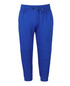 Blue track pants with an elastic waistband and drawstring, featuring a logo.