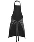 A black and white striped apron featuring a waist tie and an adjustable neck strap, with a logo present.