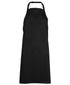 A black apron with a front pocket and adjustable neck strap, featuring a logo.