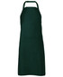 A dark green apron featuring a front pocket and an adjustable neck strap. The design includes a logo.