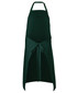 A dark green apron featuring a tie at the waist and a neck loop, with a branding logo.