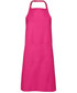 A pink work apron with a halter neck design and a front pocket, featuring a logo.