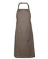 A khaki-coloured workwear apron featuring a front pocket and an adjustable neck strap. It has a logo on it.