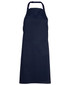 A navy blue apron with an adjustable neck strap and a front pocket. It features a logo or branding.