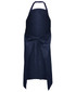 A navy blue apron featuring a tie at the waist and a neck strap. It has a simple design with a logo.