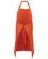 An orange workwear apron with a halter neck, tie waist, and an open front design. It features a logo.