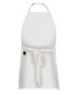 A white apron with a tie at the waist and a logo, suitable for workwear purposes.