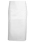 A white apron featuring a front pocket and a plain design, suitable for workwear. It has a logo on it.