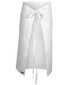 A white apron with a tie closure, featuring a sleek design and a branding label at the bottom.