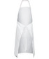 A white apron with a tie closure and a logo, designed for workwear use.