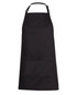 A black work apron featuring a front pocket and an adjustable neck strap. Includes a logo.
