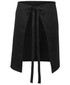 A black apron with a front opening and tie closure at the waist. Features a smooth, shiny texture and has a logo.