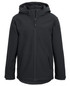 A softshell jacket in black with a hood, featuring a front zip and two side pockets. It has a branding logo.