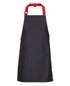 A black apron with red straps featuring a front pocket and a logo.