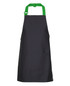 A black apron featuring green straps and a front pocket, designed for workwear use.