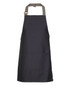 A black apron with colour straps and a front pocket, featuring a logo.
