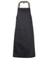 A black apron with colour straps, featuring a front pocket and an adjustable neck strap.