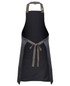 A black apron with colour straps, featuring a waist tie and an adjustable neck strap. It includes a logo.