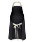 A black apron with colour straps, featuring a tie at the waist and a logo on the fabric.