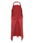 A red striped apron featuring a tie waist and a logo, designed for workwear.