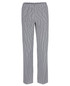 Elasticated chef pants in a black and white check pattern, featuring a relaxed fit and an elastic waistband.
