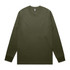 A long-sleeved tee in olive green, featuring a crew neck and fitted sleeves, with a logo on the label.