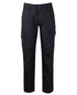 A pair of black cargo pants featuring multiple pockets and a logo.