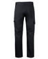 Black cargo pants featuring multiple pockets and a logo on the back. 