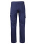 Navy cargo pants with multiple pockets and a brand logo, featuring a stretch canvas fabric.