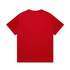 A red t-shirt with a plain back, featuring a logo on the upper area.