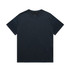 A navy blue heavy T-shirt with a round neckline and short sleeves, featuring a logo on the label.