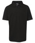 A black children's polo shirt featuring a collar and button placket, with a logo on the chest.