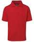A red short-sleeve polo shirt with a collar and three buttons, featuring a logo on the label.