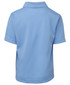 A light blue polo shirt with a collar and short sleeves, featuring a branding logo on the back.