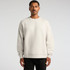 A light grey sweater on a man, featuring a relaxed fit and long sleeves. The garment has a logo on it.