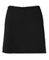 A black skort with an elastic waistband, featuring a simple design and a subtle branding logo.
