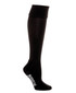 A black sports sock featuring a logo, designed with a knee-high length for athletic use.