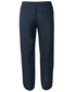 Navy track pants with an elastic waistband and a single back pocket, featuring a logo.