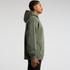 A green hoodie with a large front pocket and an attached hood, viewed from the side. Includes a logo on the chest.