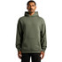 A green hoodie with a front pocket and a hood, featuring a logo. The model is standing upright.