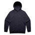 A navy blue hoodie featuring a large front pocket and a hood. The garment has a simple design and includes a logo.